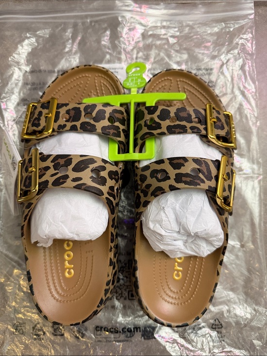 CROCS Shoes - VIRAL SOLD OUT CROCS Leopard-Print Double Buckle Slide Sandals - Tan/Black
